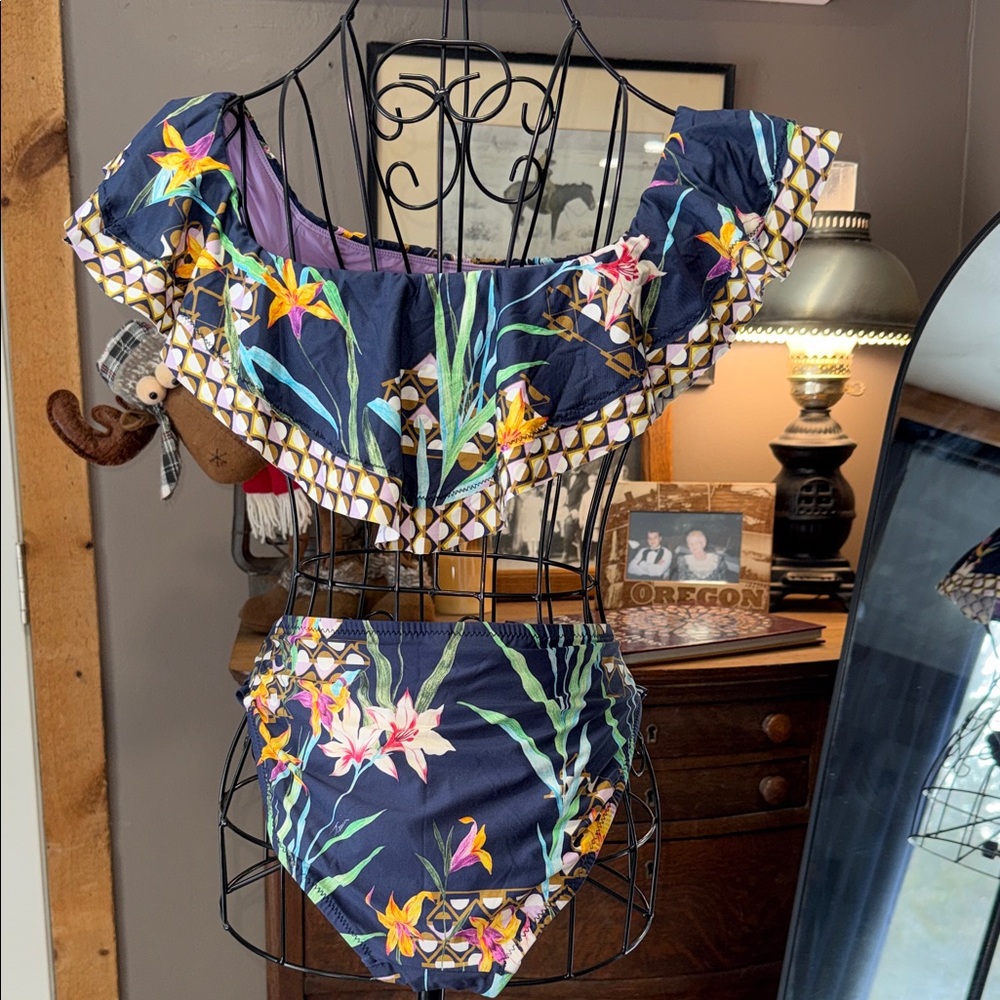 Trina Turk Navy Floral Off-Shoulder Bikini with Lilac Lining - Picture 7 of 8